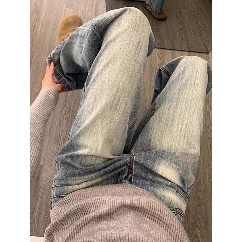 Women's Retro Washed High Waist Wide Leg Jeans - Autumn Straight Leg, Loose Fit, Floor Length