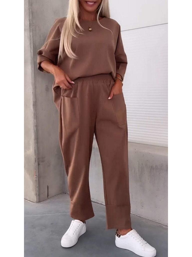 Autumn Women's Two-Piece Set: Solid Color Round Neck Top with Nine-Point Loose Casual Pants