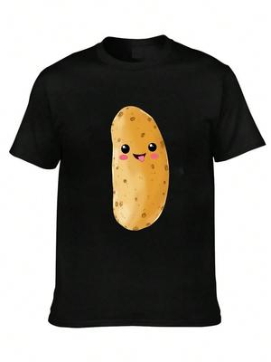 Süßes Cartoon-Kartoffelmuster-T-Shirt für Damen, weich, lässig, Rundhalsausschnitt, kurzärmelig, mit einem fröhlichen Smiley-Gesicht