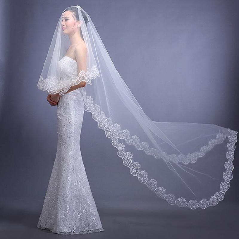 1PC Wedding Veil Lace Edge Long Luxurious Bridal Veil White Ivory Veil with Comb with Comb Cathedral Bride Accessories