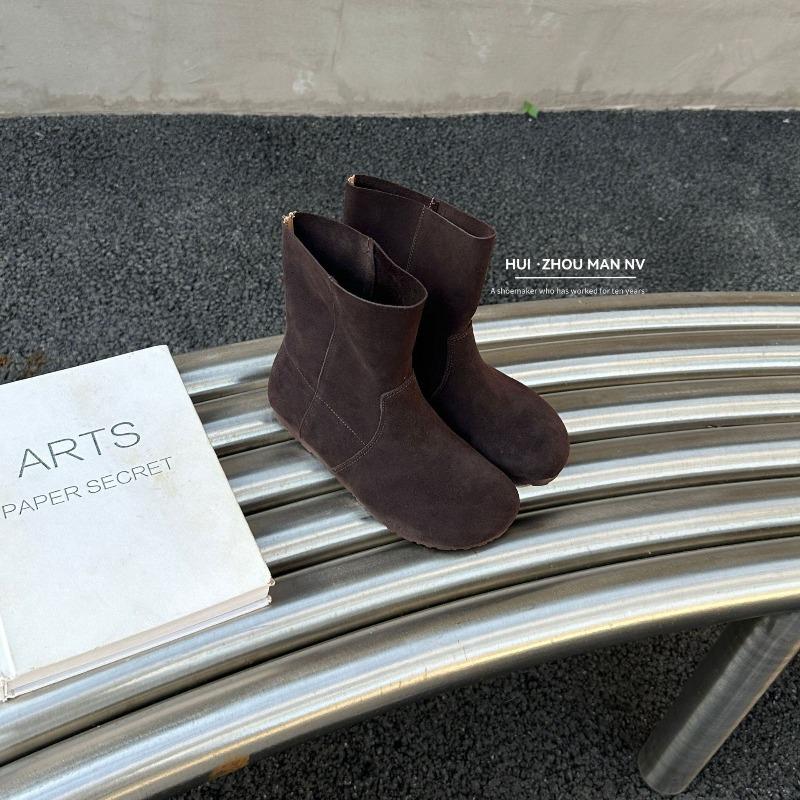 Inner Height Increase Velvet Boken Boots Leather Short Boots Women's New Retro Warm One-pedal Short Snow Boots