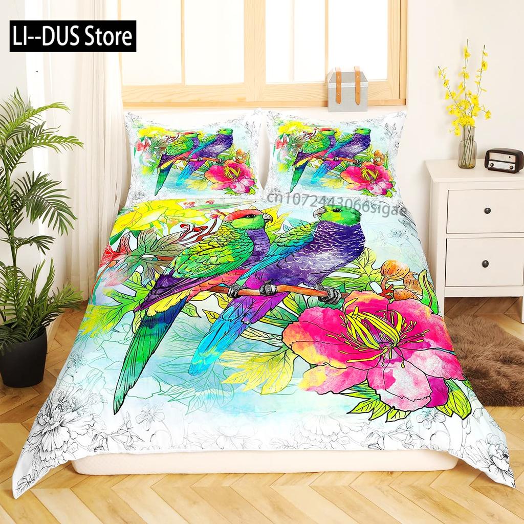 Tropical Leaves and Parrot Birds 3 Piece Bedding Set with Soft Duvet Cover and 2 Pillow Shams Printed Decoration for All Seasons