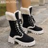 Platform Suede Women Mid Calf Snow Boots Fur Lace Up Mid Heels Cotton Shoes 2025 Trend Warm Short Plush Winter Botas De Mujer