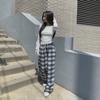 New Arrivals Open Run Women Color Block Check Cotton Blend Wide Banding Pants