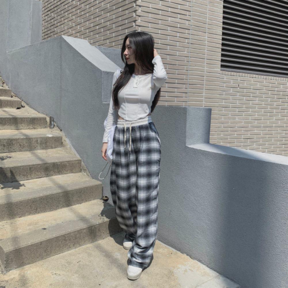 New Arrivals Open Run Women Color Block Check Cotton Blend Wide Banding Pants