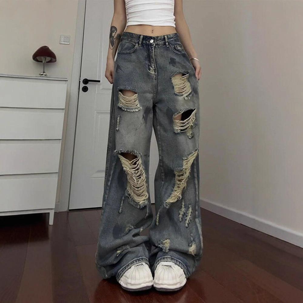 Loose Broken Hole Jeans Women Big Yards Autumn Vintage High-waisted Thin Dragging Broad-legged Long Trousers Jeans for Women Long Denim Pants