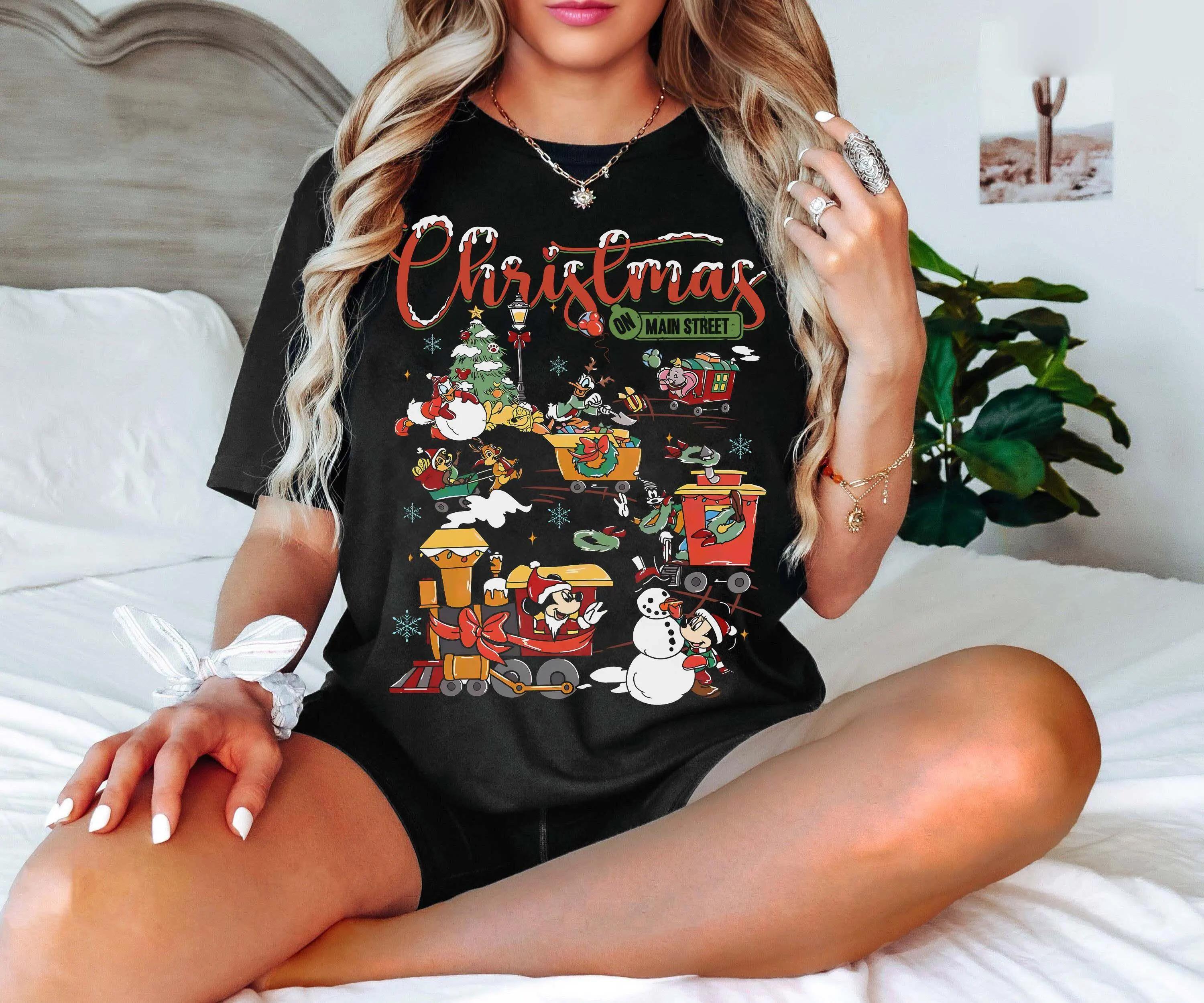 

Vintage Train Trendy Casual Short Sleeve Cute Mickey and Friends Main Street Christmas Tshirtland Holiday Family S