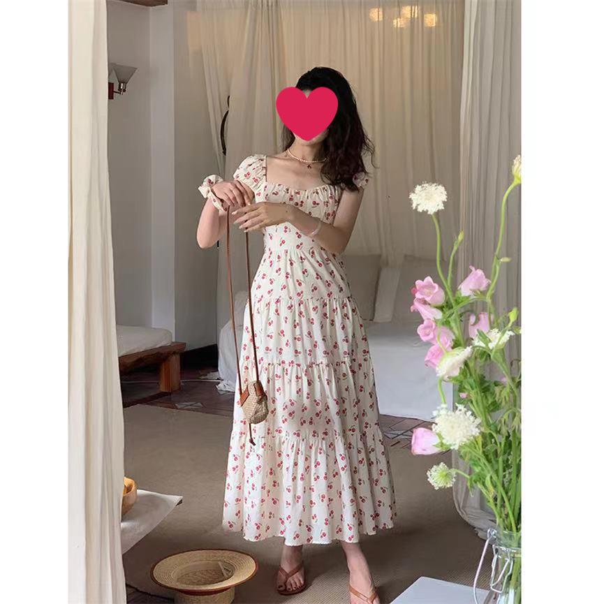 Cherry French Summer Floral Fairy Dress: Sweet, Gentle, Fresh Long Design