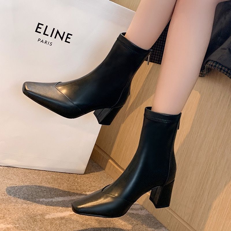 2025 autumn and winter new elastic leather invisible height increase women's shoes women's boots short boots zipper fashion boots thick heel fashion