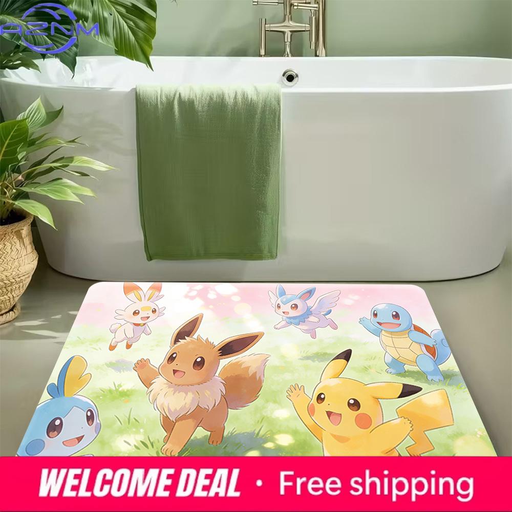 Cute Pokemon Eevee Pikachu and Friends Print Non-slip Doormat, Soft Absorbent Floor Rug for Home Decor