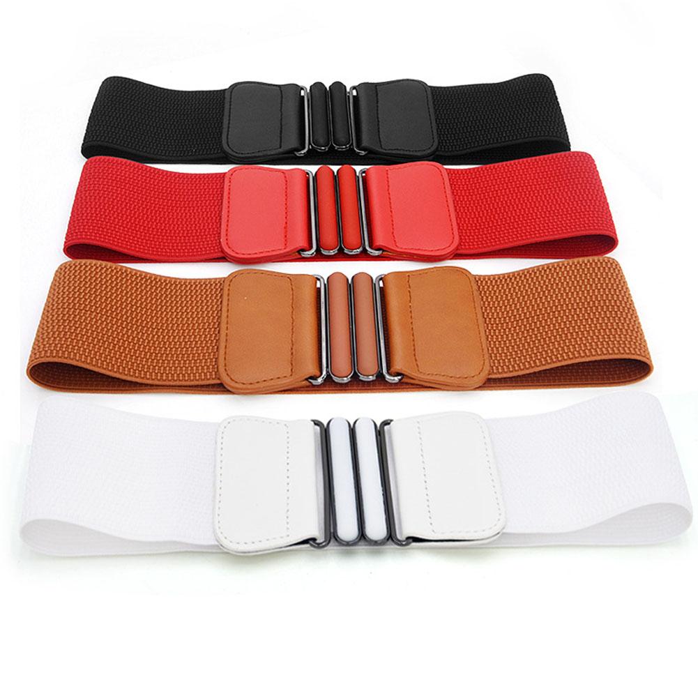 Lady Simple Elastic Wide Waistband PU Leather Interlock Buckle Belt Solid Color Cummerband