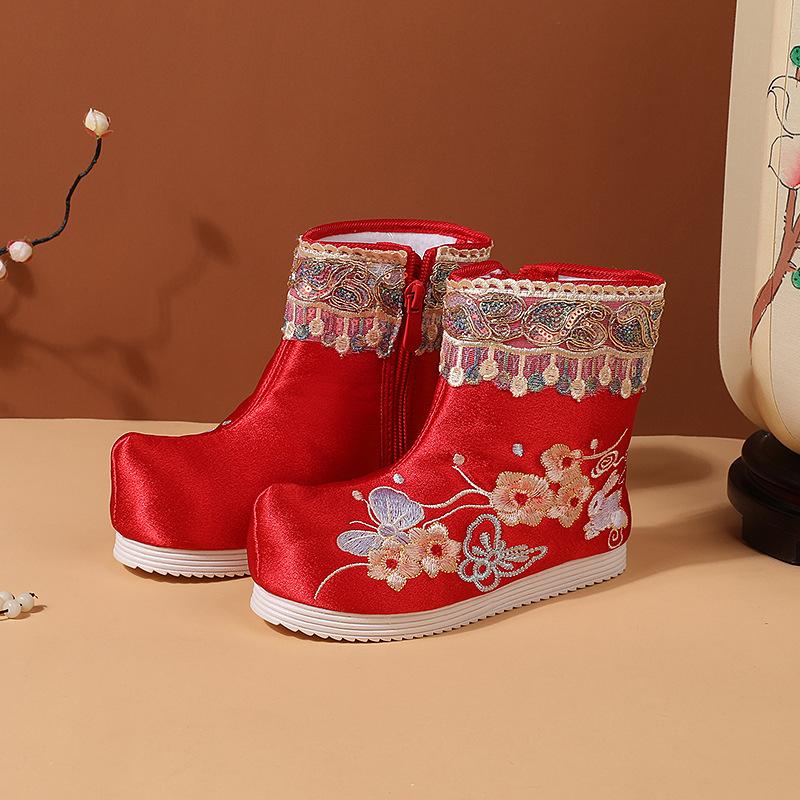 

[Разноцветная бабочка] 2025 зима новые сапоги в стиле ханьфу детские бархатные сапоги китайский стиль вышитая обувь старинные зимние сапоги 36 (225) inner length красный