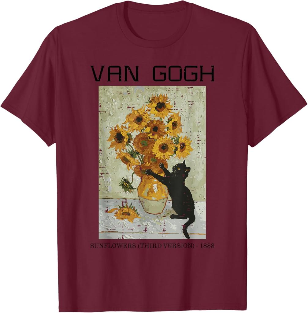 Van Gogh Sunflowers Cat Black Cat Art Graphic Tee Casual Short Sleeve TShirt for Men Women