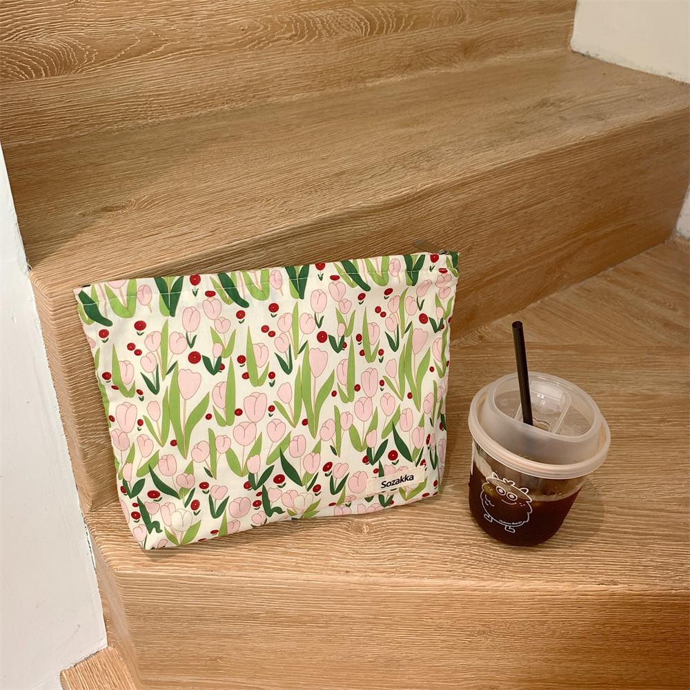 Floral Ins Style Canvas Tulip Cosmetic Bag Skincare Organizer Travel Wash Bag Inner Bag Street Fashion Yellow