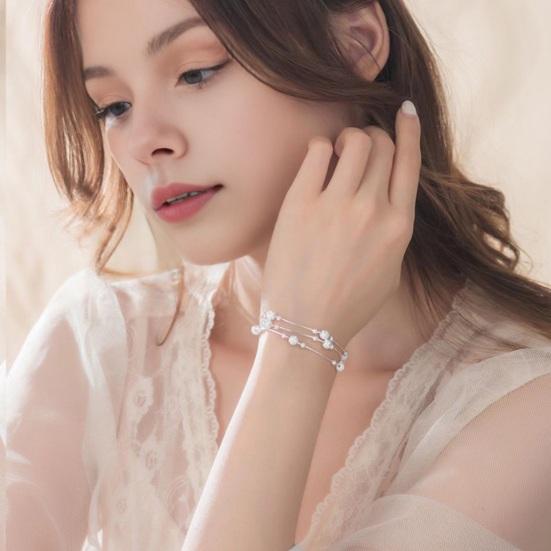 Women Bracelet Three-layered Stacking Bead Polished Pure Color Alloy Adjustable Lobster Clip Shopping Work Party Dating Wrist Chain Lady Jewelry