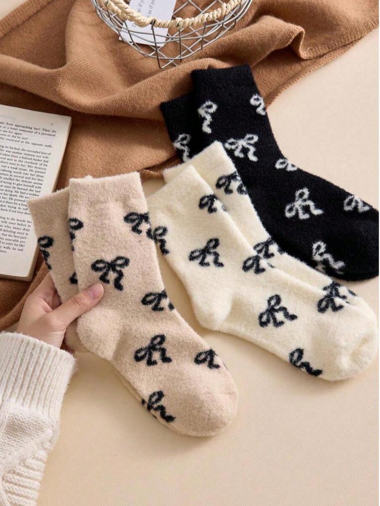 Australian Wool Socks for Women, Autumn and Winter, Fleece-Lined, Thickened, Warm, with Bow, Home Maternity Socks, Plush Floor Sleep Socks