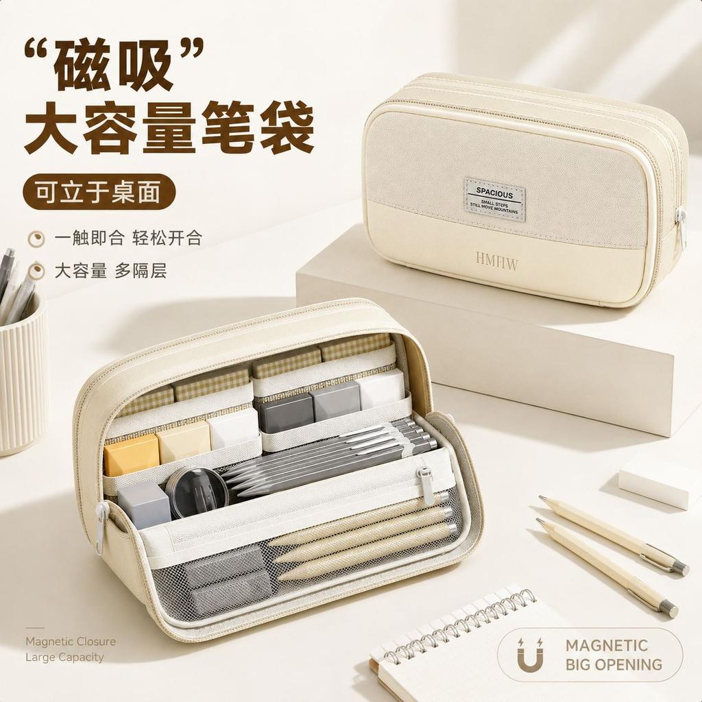 Magnetic Pencil Case Minimalist Large Capacity Stationery Bag Silent Closure High School College Students Supplies
