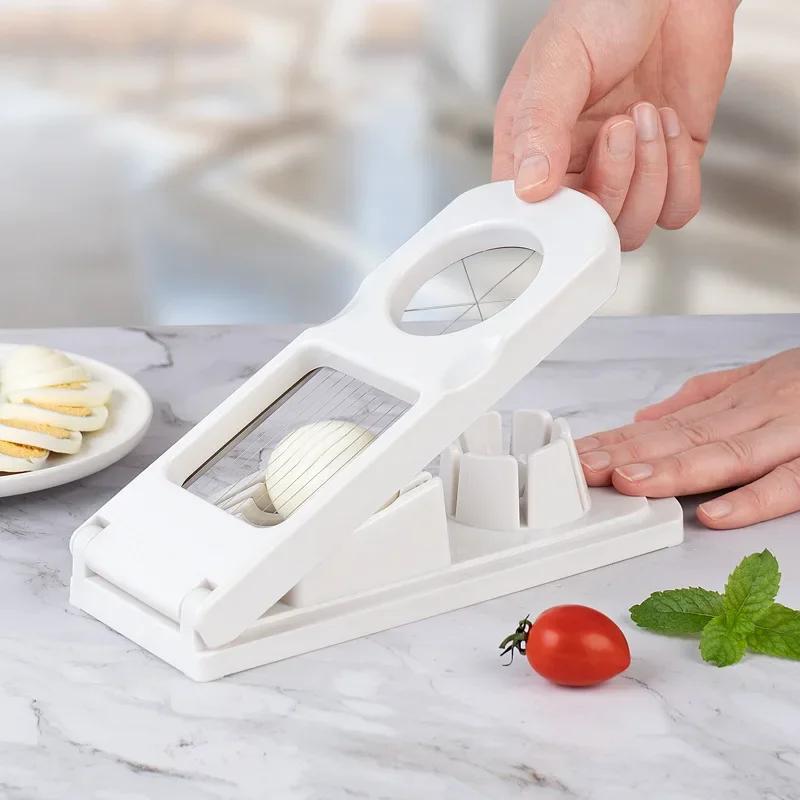 Multi functional kitchen ingredient fancy egg cutting small tool for home use, convenient 2-in-1 stainless steel egg slicer