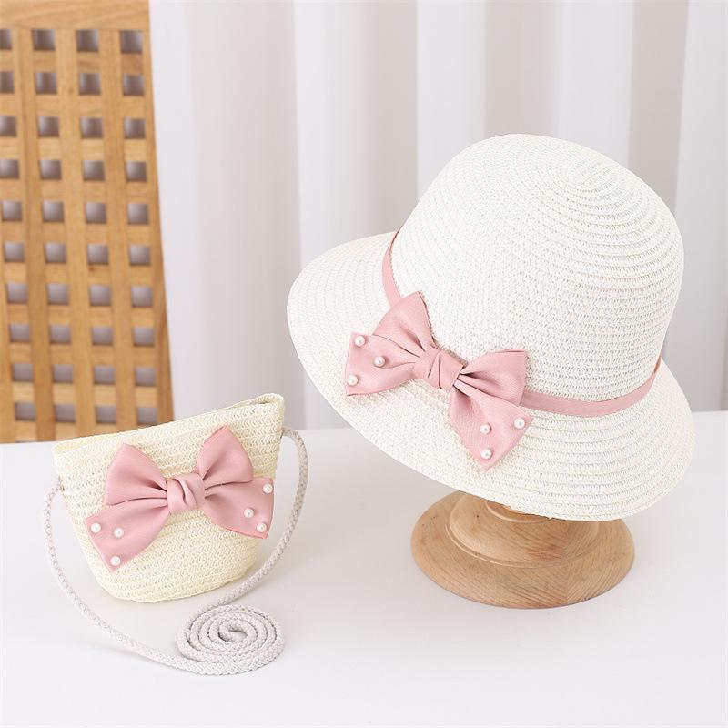 Kids Summer Wide Brim Floppy Straw Hat and Bag Set Beach Sun Visor Cap Cute Bow Baby Birthday Gift for Girls Fisherman Hats