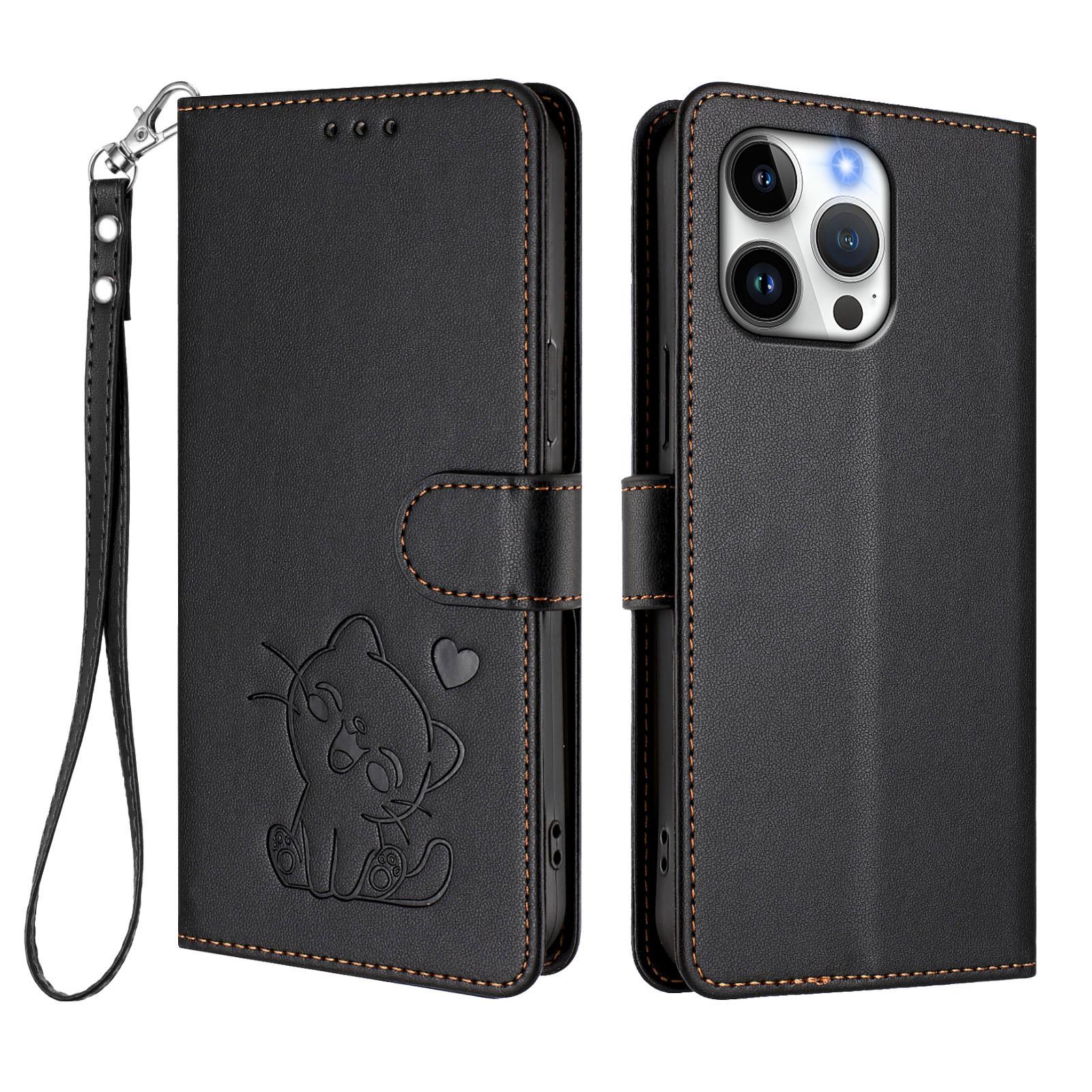For iPhone 16 Pro Wallet Case with Wrist Strap Love Cat Pattern Imprint Leather Phone Cover A