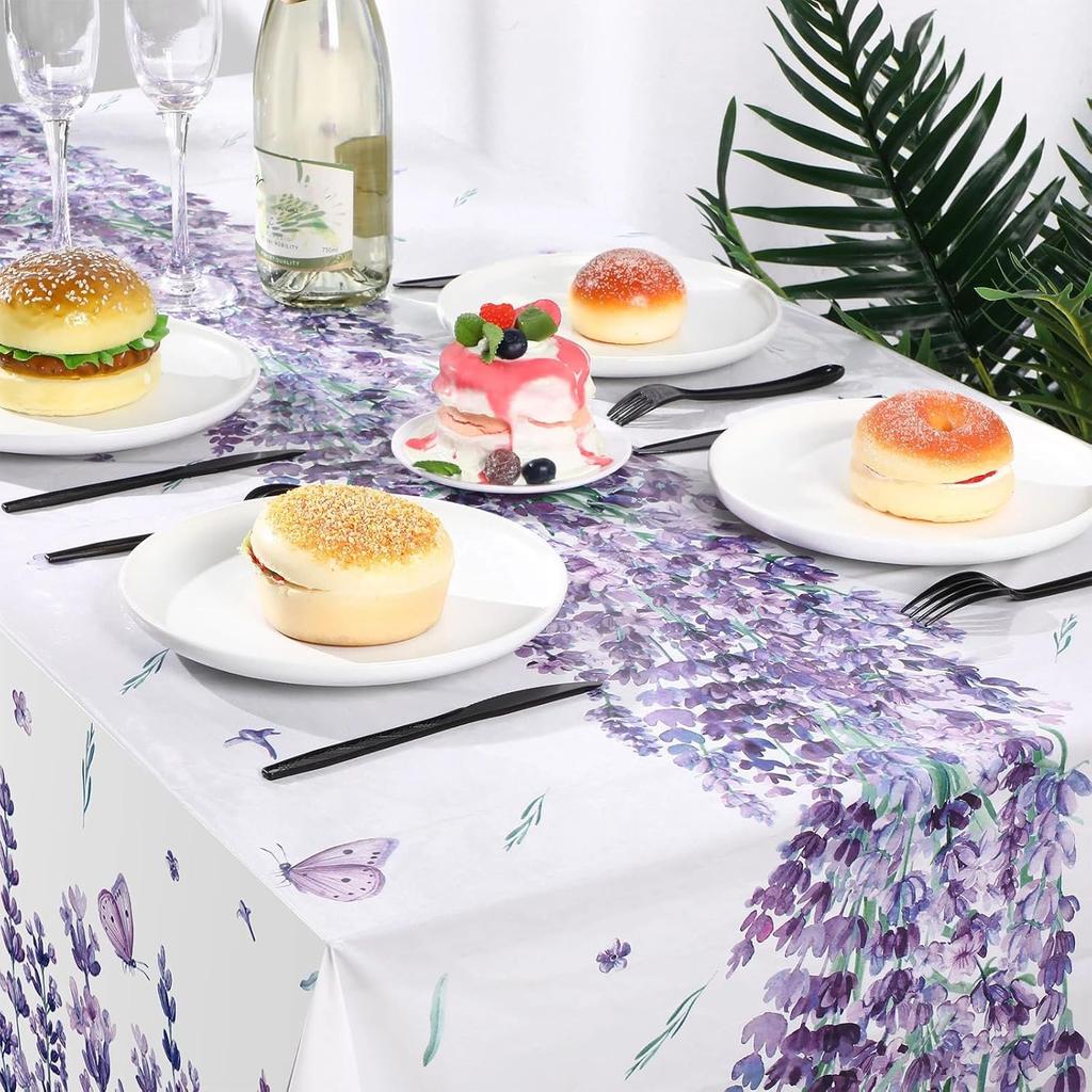 Peryiter 3 Pcs Spring Summer Floral Tablecloths Plastic Lavender Table Covers 54 x 108 Inch Watercolor Purple Floral Tablecloth for Spring Easter