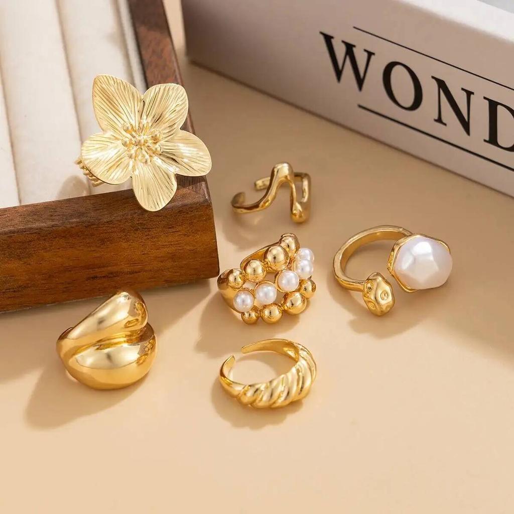 SHIXIN 6Pcs/Set Bohemian Vintage Gold Color Flower Open Joint Ring for Women Charm Imitation Pearl Knuckle Rings Wedding Jewelry