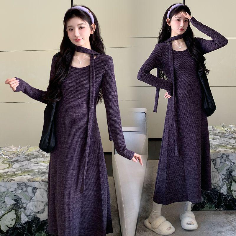 

Purple French v-neck sweater knitted dress children s autumn new with coat and bottom dress XL фіолетовий