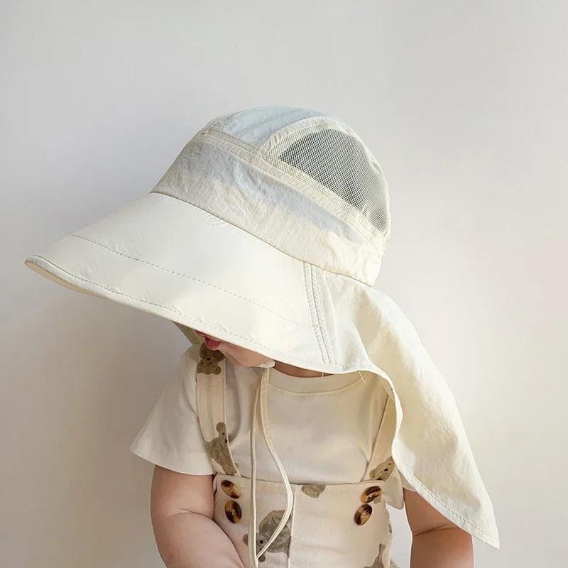 Solid Color Summer Sun Hat for Boy Girl Korean Big Brim Fisherman Cap Kids Quick Dry Mesh Anti UV Beach Cap with Neck Cover