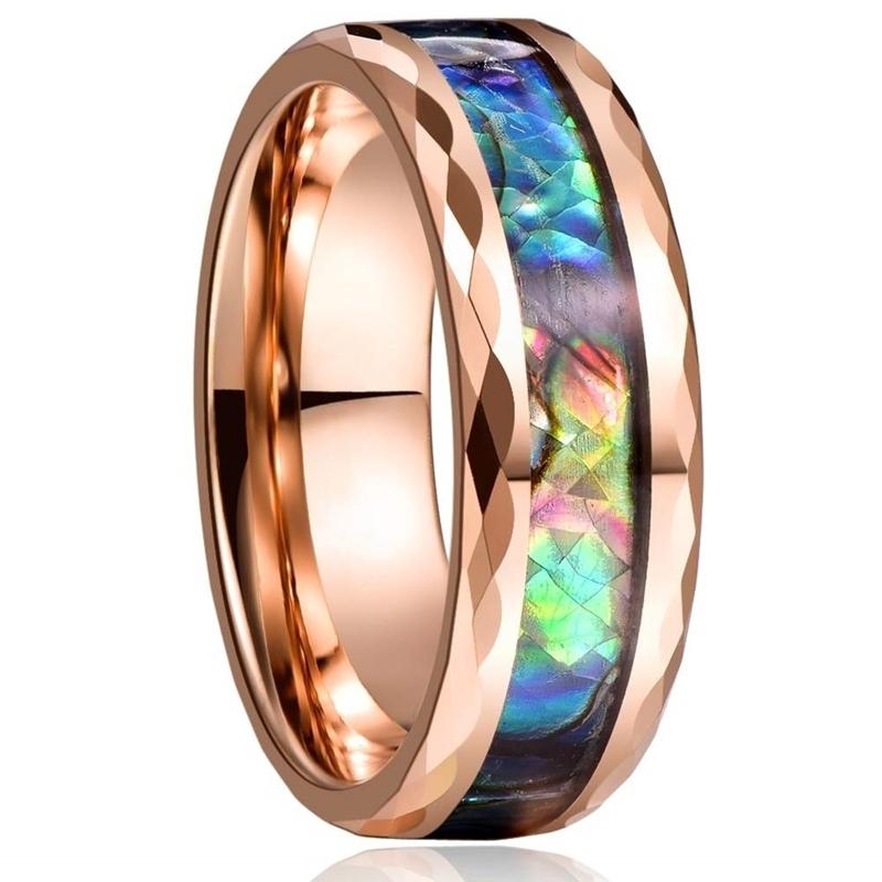 Fashion 8mm Men's Black Stainless Steel Ring Colorful Abalone Shell Inlay Beveled Edged Titanium Ring Men's Wedding Band