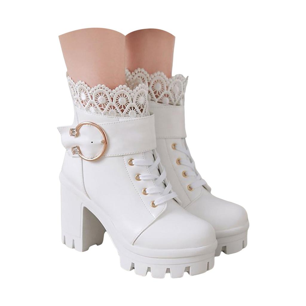 Women Mid Calf Boots And Winter Fashion Pointed Toe Square Heel Lace Up Women Leather Boot