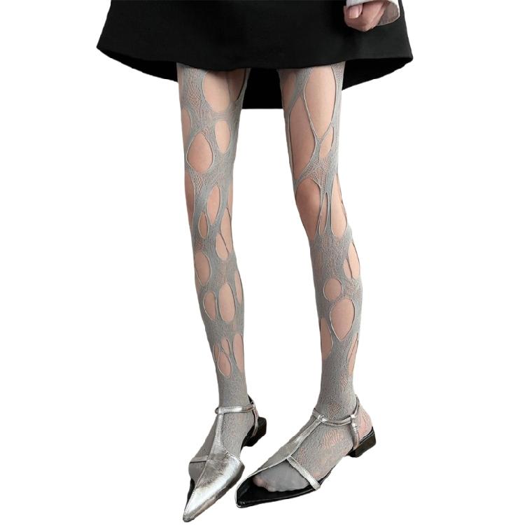 Women Hollowed Out Fishnet Pantyhose Goth Irregular Distressed Hole Mesh Tights серый