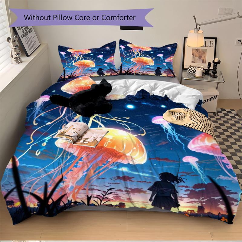 

3pcs Anime Jellyfish Bedding Set - Includes One Quilt Cover and Two Pillowcases (No Core) - Home Decor, Festival Gift, Polyester Fabric, Ani 135x200cm