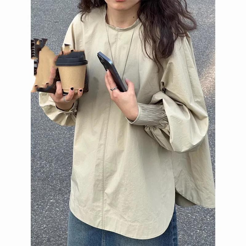 

Summer Women Beige Oversized Lantern Sleeve Split Hem Blouse S хаки