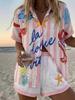 Plant-printed short-sleeved shirt, elastic waist shorts, two-piece set, vacation style casual suit, women's
