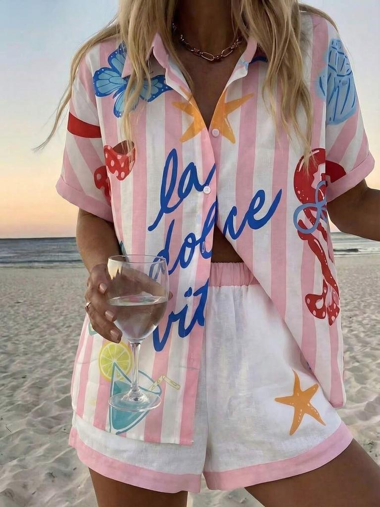 Plant-printed short-sleeved shirt, elastic waist shorts, two-piece set, vacation style casual suit, women's