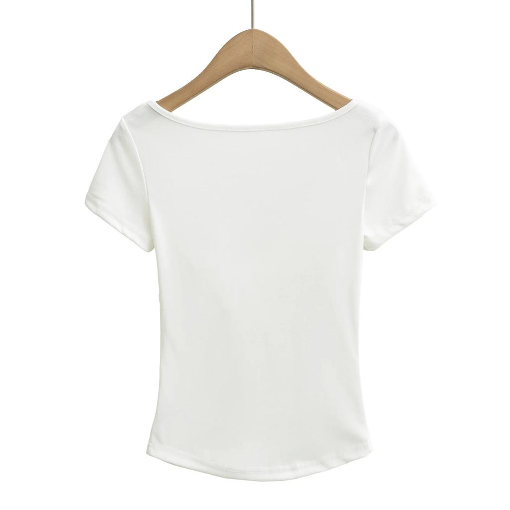 V-neck Pleated Short-sleeved T-shirt Women's Summer New American Spice Girl Solid Color Retro Casual Slim-fit Bottoming Top