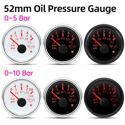 NEUER 52mm Öldruckanzeige Messgerät 0-5 Bar 0-73PSI 0-10 Bar 0-145PSI für Marine Auto mit Roter Hintergrundbeleuchtung 12V 24V