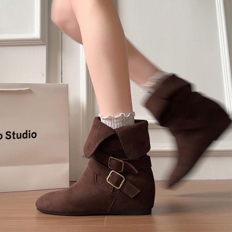 Vintage Suede Two-wear Stacked Short Boots Women's 0000 New Autumn Meradne Heightening Mid-tube Western Cowboy Boots