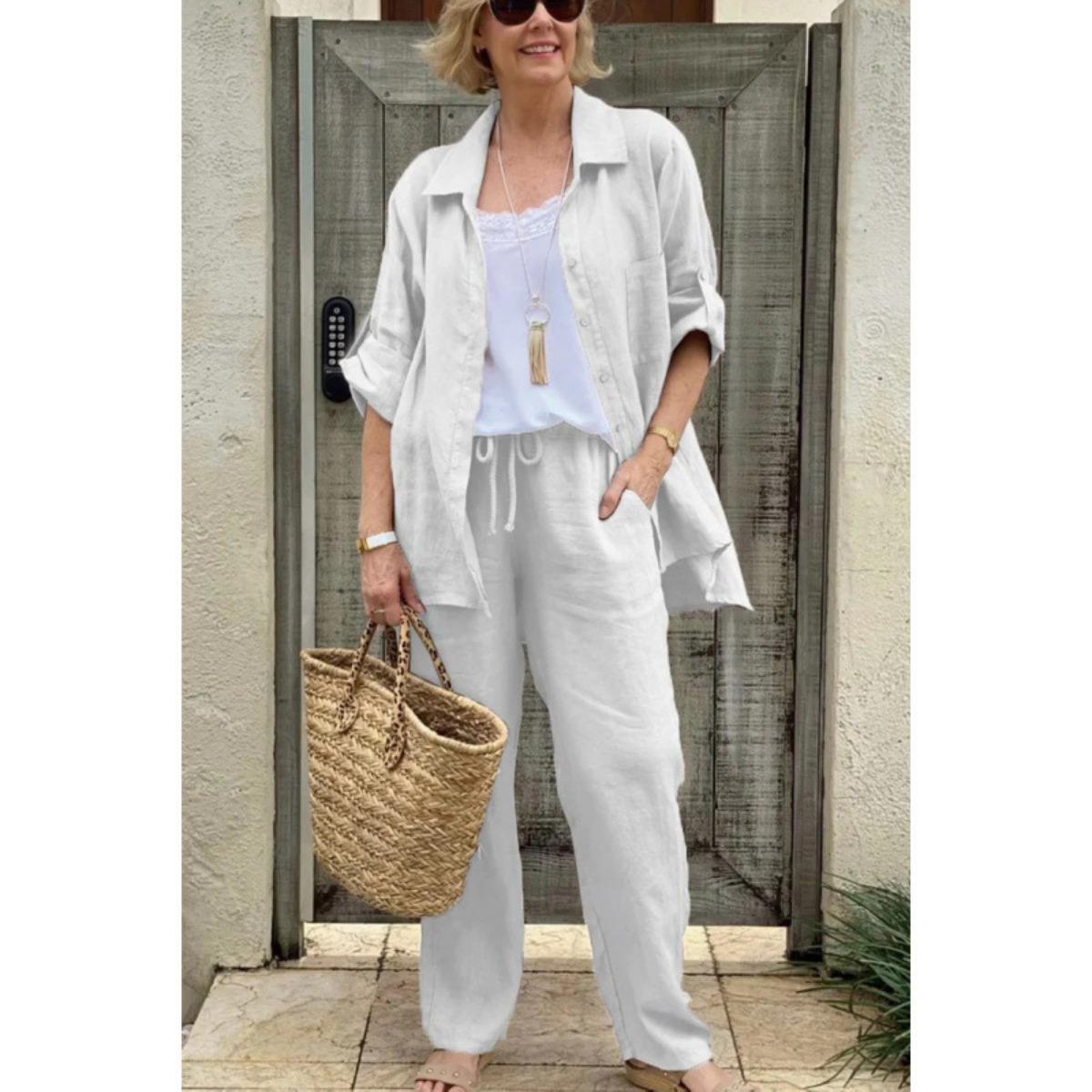 

Весенне-осенняя новая женская одежда, модный повседневный дизайн, кардиган, топ, брюки прямого кроя, высококлассный костюм-двойка 5XL белый