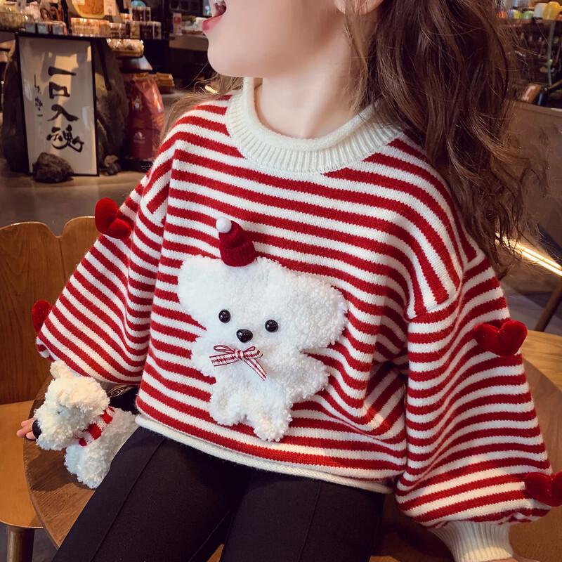 

MimiHaluo Girls Red Striped Pullover Sweater 110cm