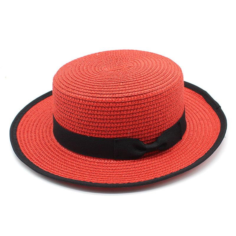Summer Straw Hat Women'S Straw Bow Black Hemming Flat Top Sunscreen Beach Hat Casual Fashion Hat