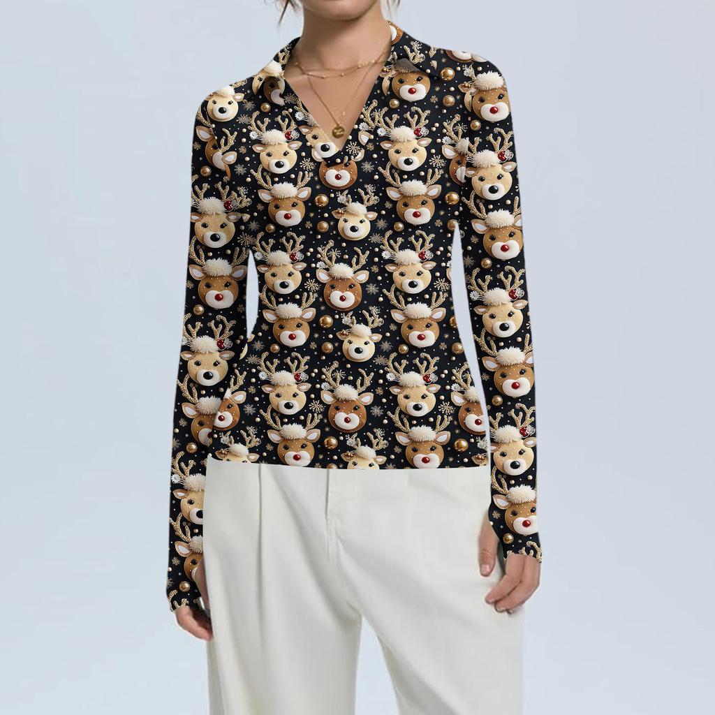 Damenmode Lässig Weihnachts-Print V-Ausschnitt Langarm Knopfleiste Oberteil