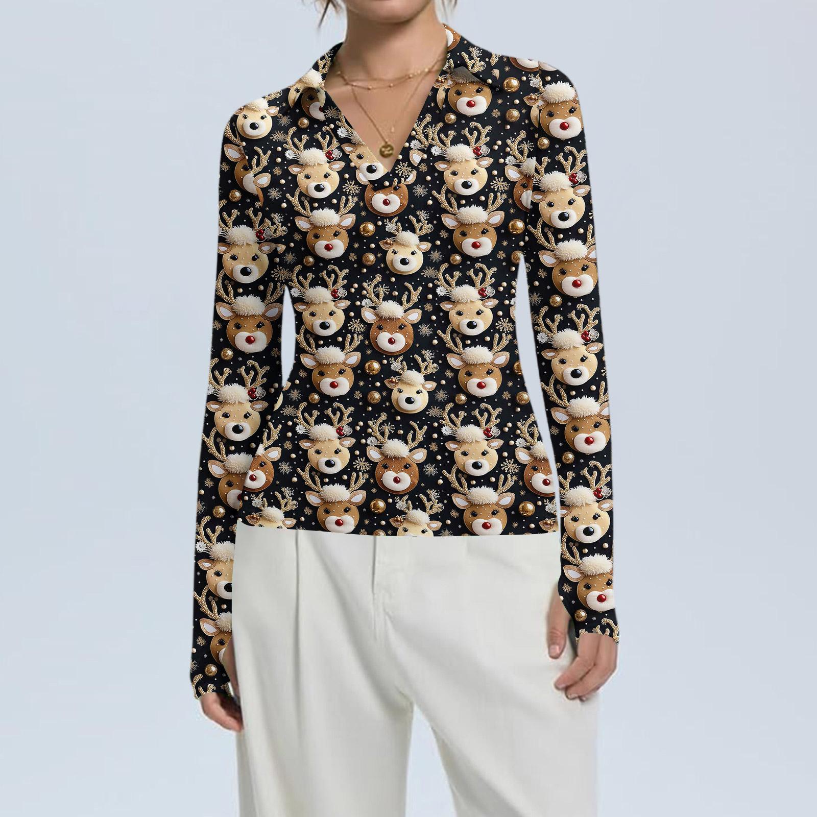 

Женская модная повседневная блузка с V-образным вырезом, длинными рукавами и принтом на рождественскую тематику, застегивающаяся на пуговицы XL чёрный
