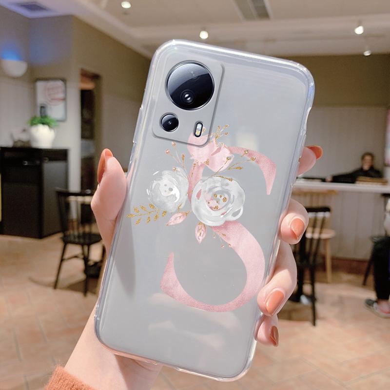 Pink Flowers Initial Cover For Xiaomi 13 Lite Case Letter A To Z Transparent Soft TPU Protective Funda For Xiaomi 13 Lite Coque