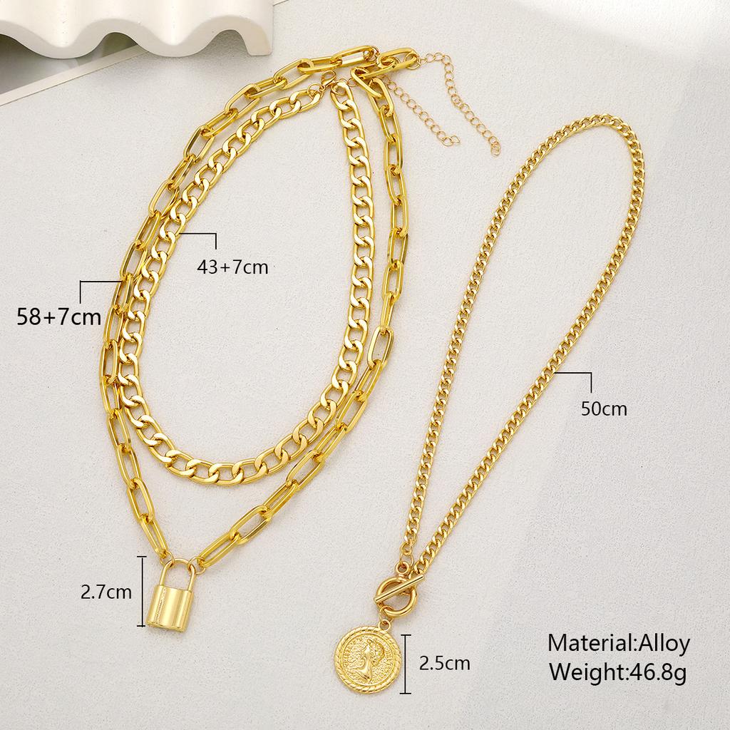 Women Three Layer Necklace Set, Embossed Round Coin Pendant OT Clasp Necklace, Luxury European Style Stackable Neck Jewelry
