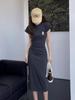 Gray Slim Waisted French-Style Petite Summer Dress