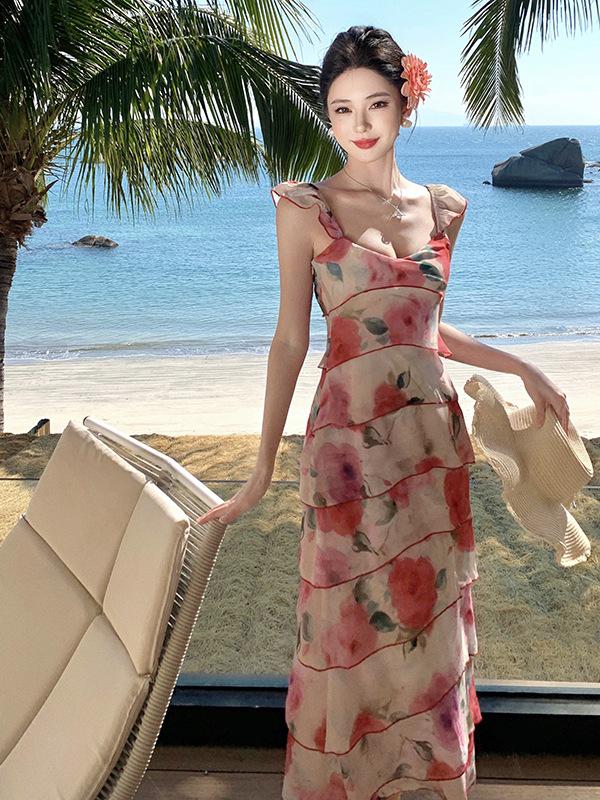 

Floral Print Layered Vacation Dress Small