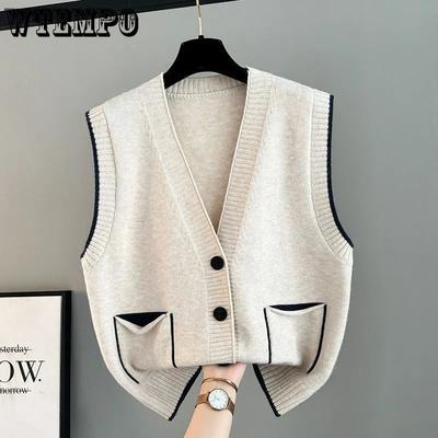 Autumn and Winter New  Women's Knitted Vest with Pocket Sweater Korean Version V-neck Loose Vest Top