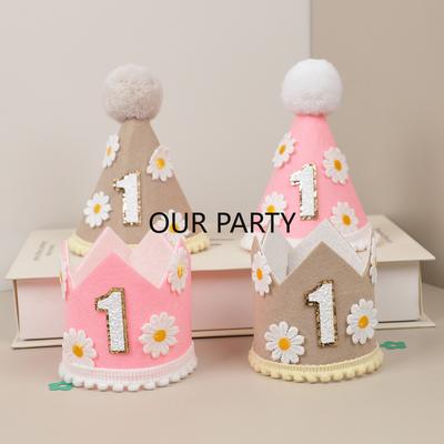 1Pcs Sweet Daisy Flower Theme One 1st Birthday Hat Glitter 1 Year Old Felt Crown for Kids Girl Birthday Baby Shower Party Decor