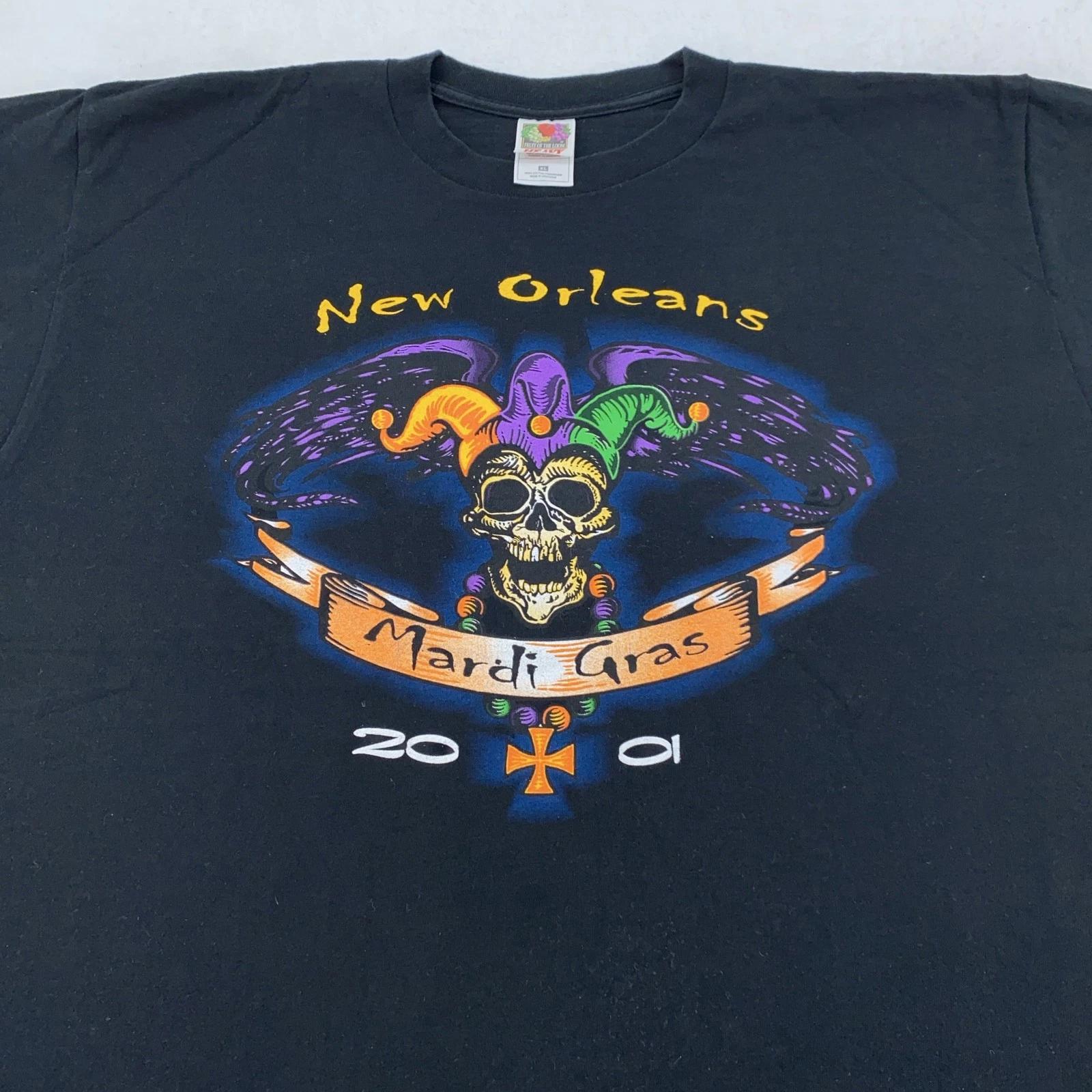 Vintage New Orleans Mardi Gras Shirt Mens XL Black Skull Jester Graphic 2001 Tee 4XL